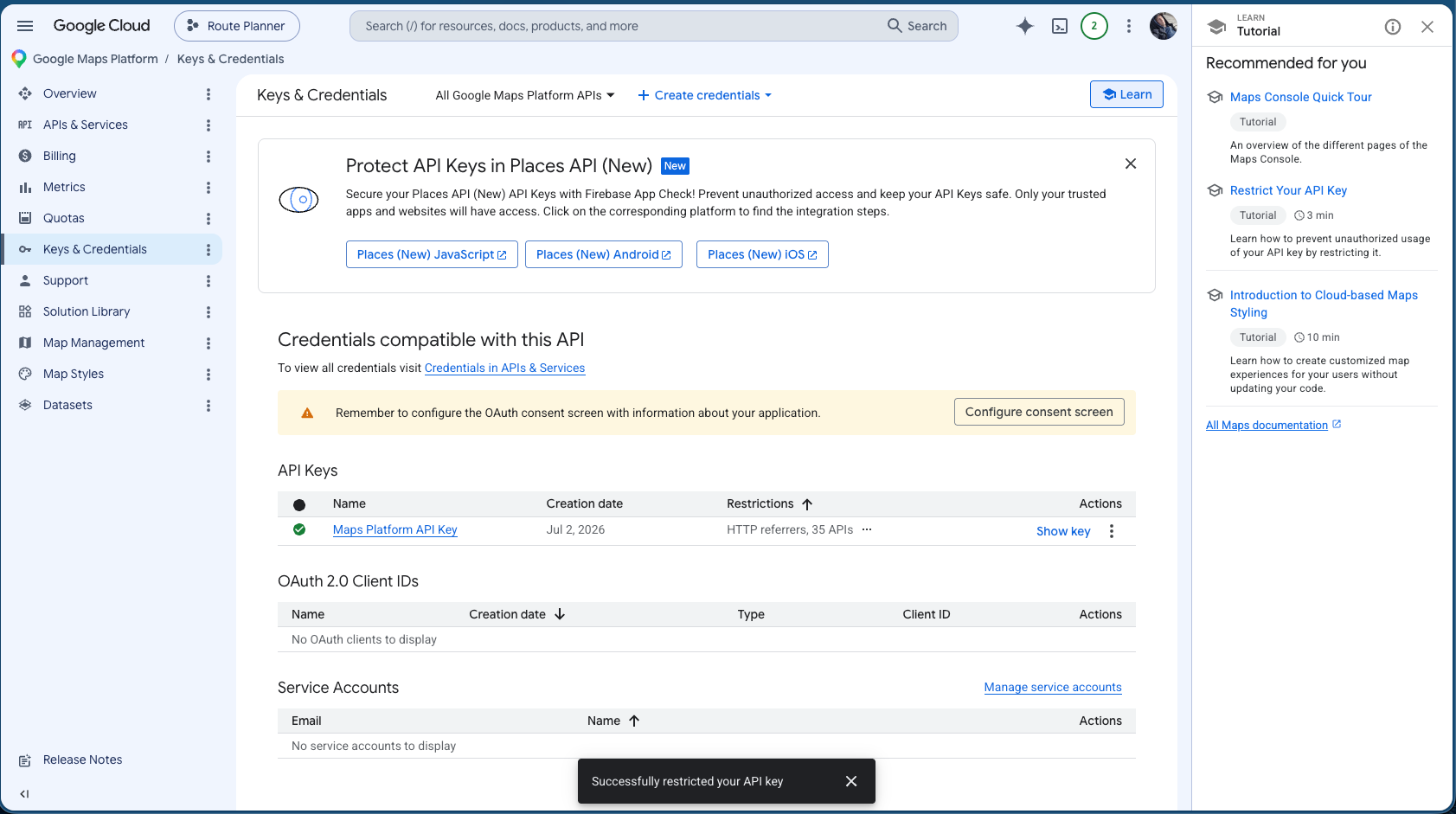 Keys & Credentials visar projektets Maps Platform API Key.