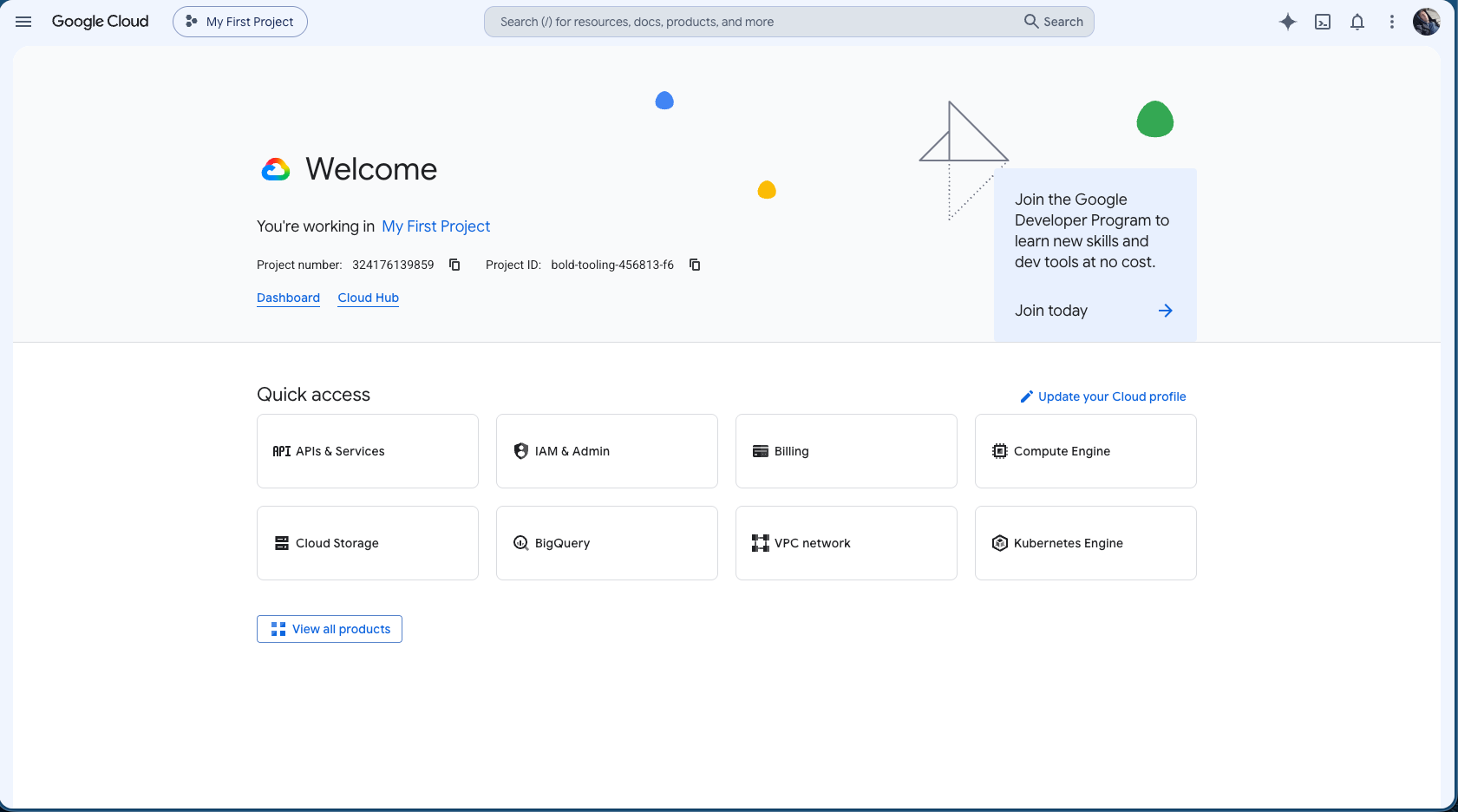 Välkomstsidan i Google Cloud Console.